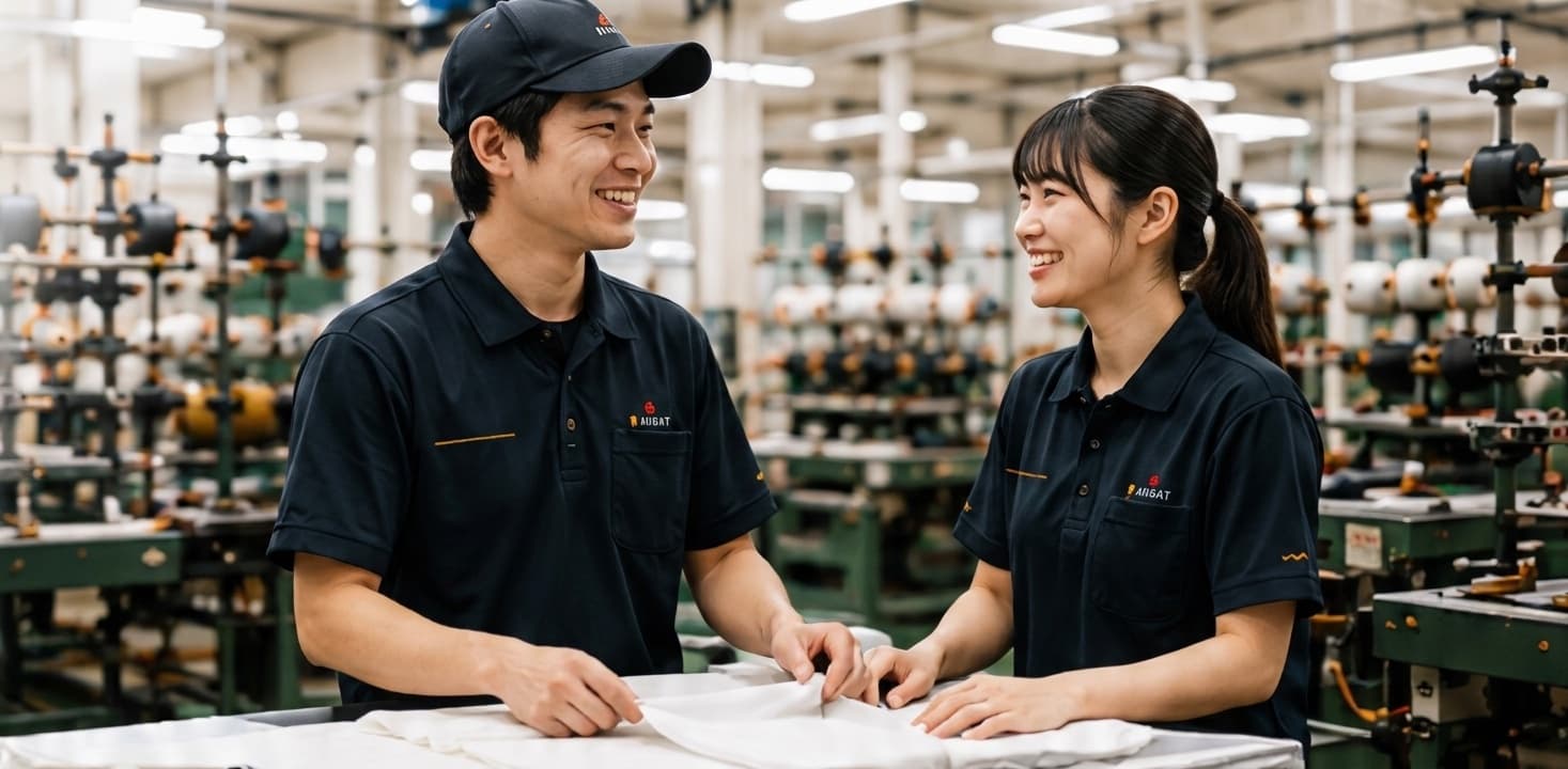 生地を広げながら笑顔で話すアイガットのスタッフ